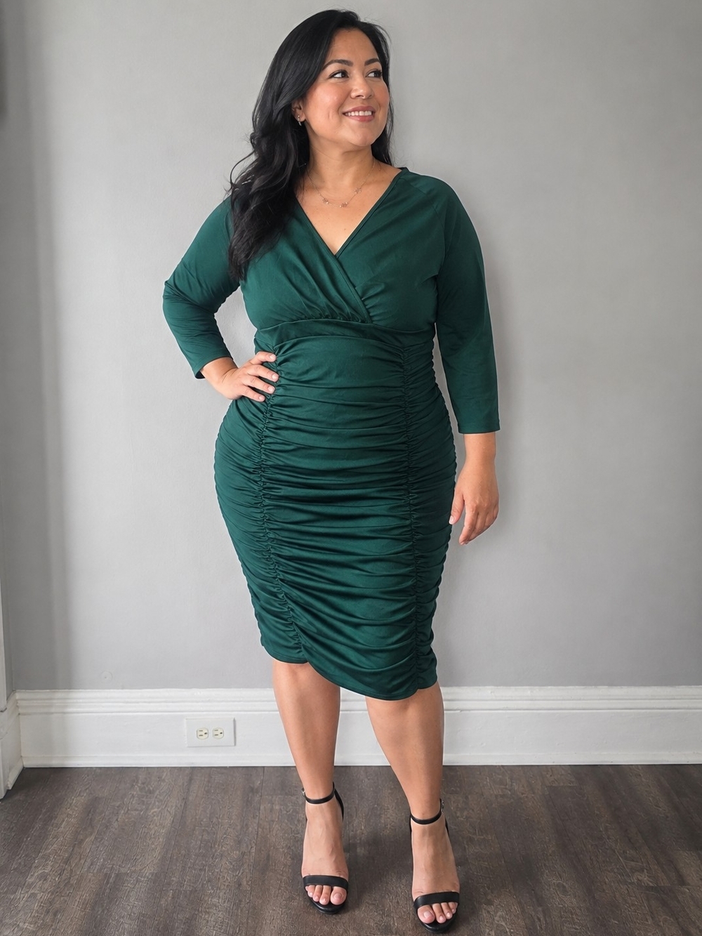 Ruched Wrap-Front Midi Dress in Emerald Green